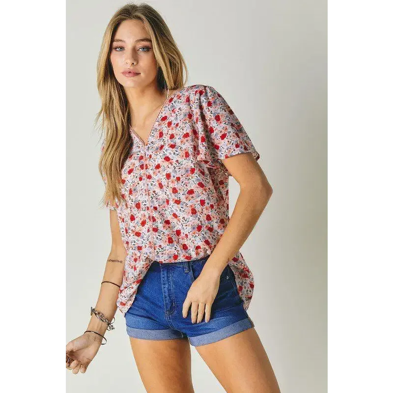 FLORAL PRINTED V NECK SHORT SLEEVE TOP