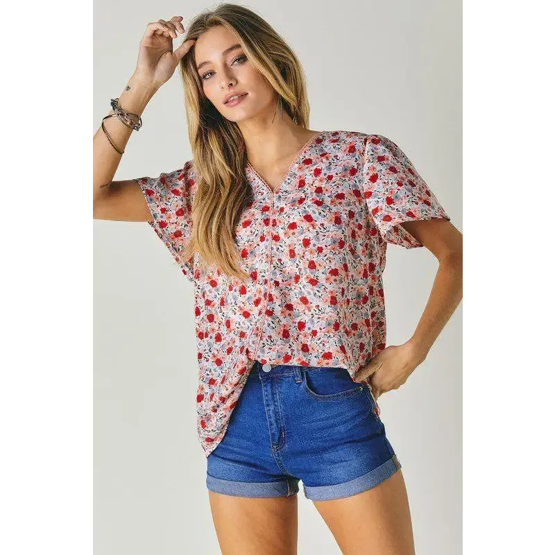 FLORAL PRINTED V NECK SHORT SLEEVE TOP