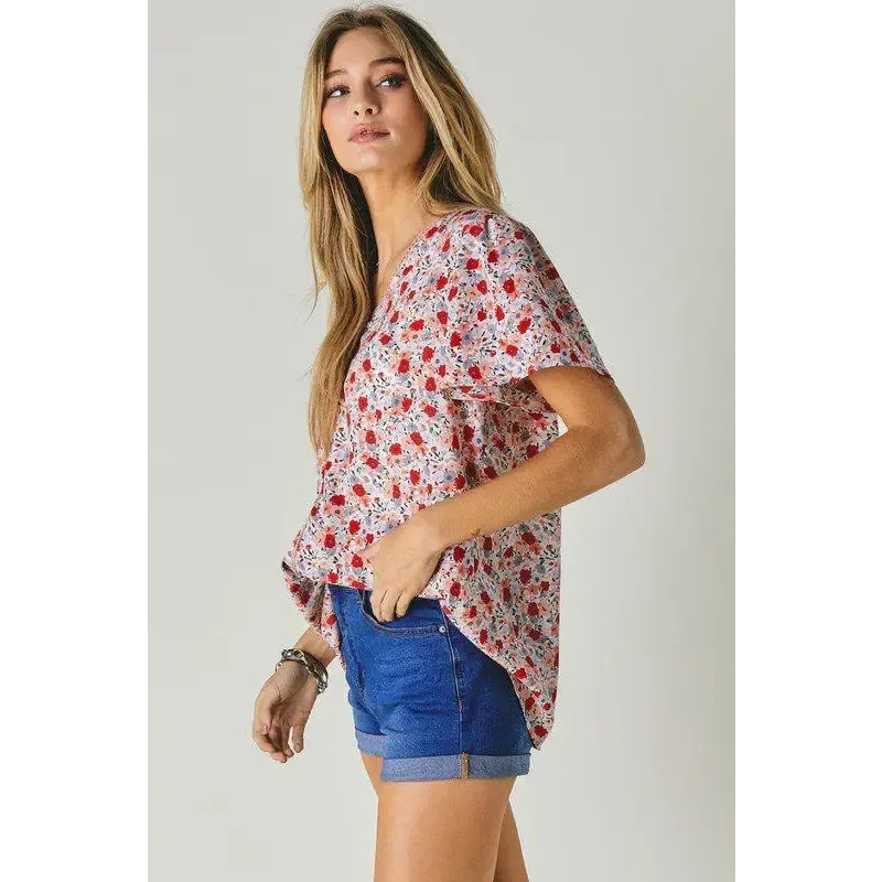 FLORAL PRINTED V NECK SHORT SLEEVE TOP