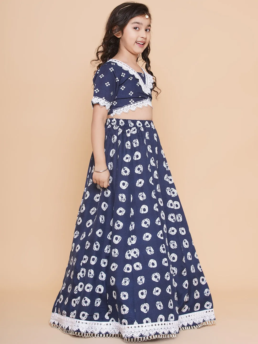 Girls Navy Blue Bandhani Printed Lace Work Lehenga Choli. - Bitiya By Bhama