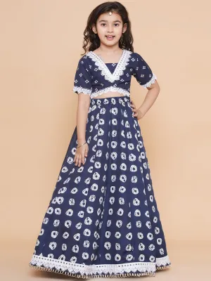 Girls Navy Blue Bandhani Printed Lace Work Lehenga Choli. - Bitiya By Bhama