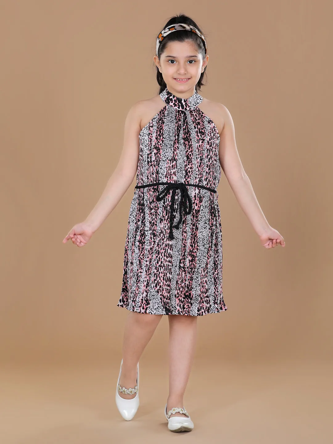 Girl's  Polycrepe Pleated Tiger Print Dress - StyleStone Kid