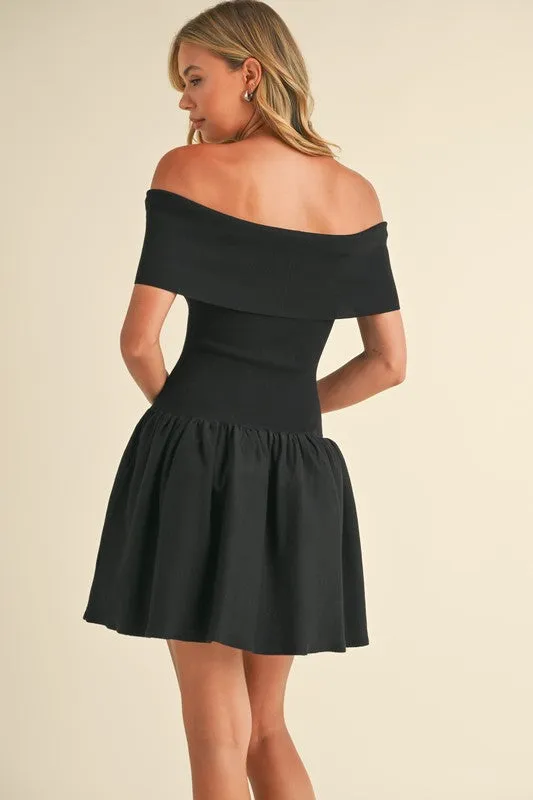 Gracie Off The Shoulder Drop Waist Mini Dress Black