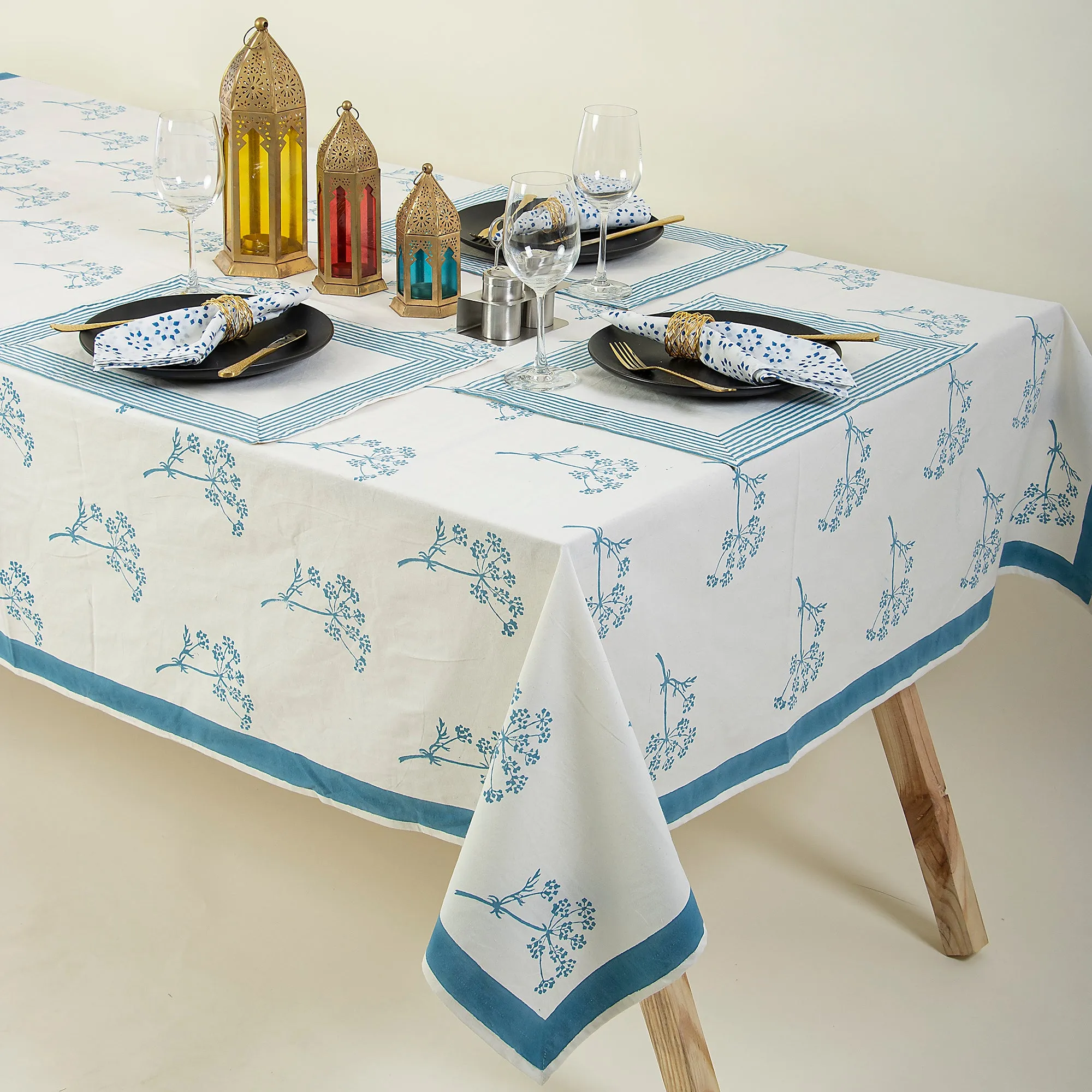 Hand Block Sky Blue Floral Printed Cotton Table Cloth Design