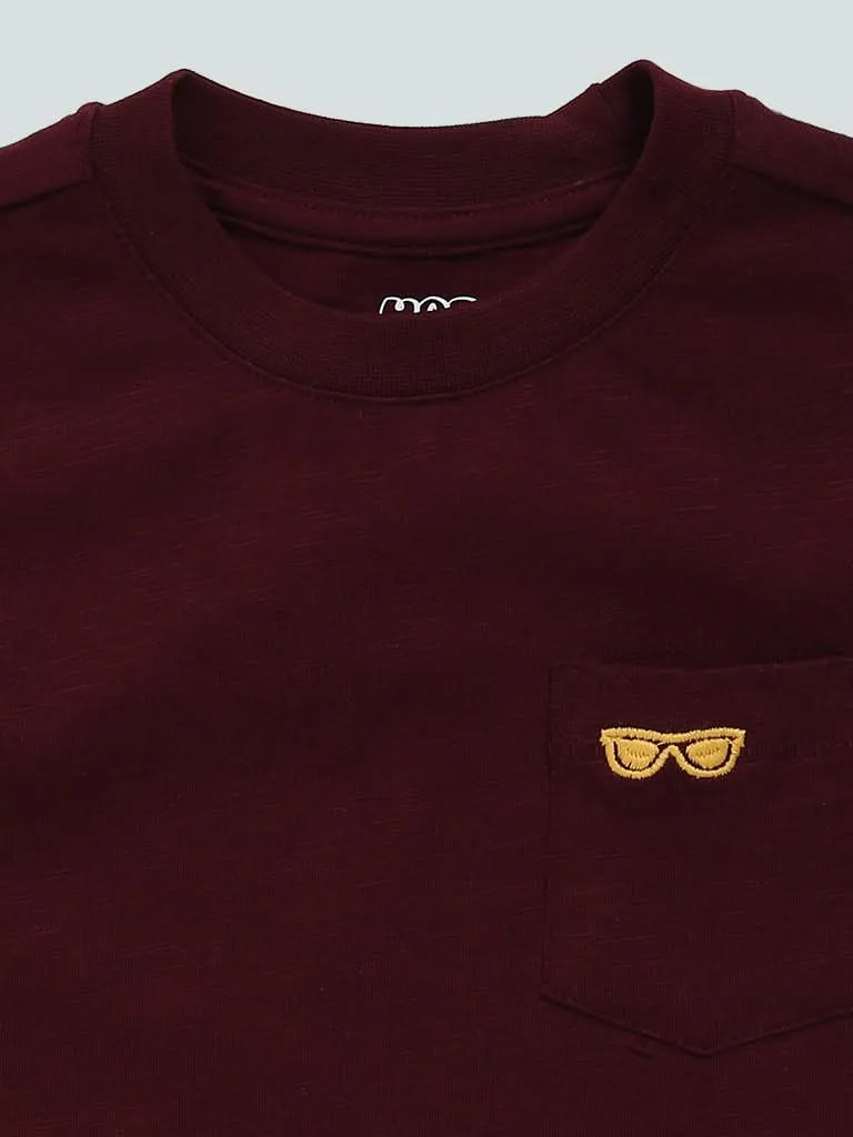 HOP Kids Glass Printed Pocket Burgundy T-Shirt