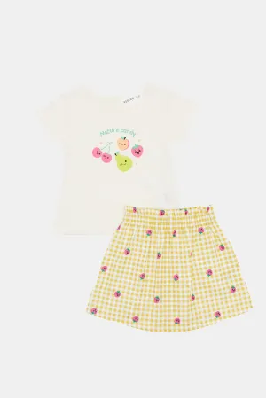 Infant Girls Yellow Print T Shirt With Checks Skirt (2 Piece)