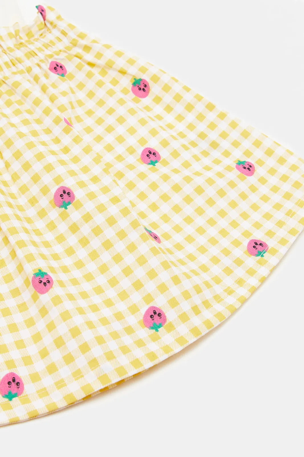 Infant Girls Yellow Print T Shirt With Checks Skirt (2 Piece)