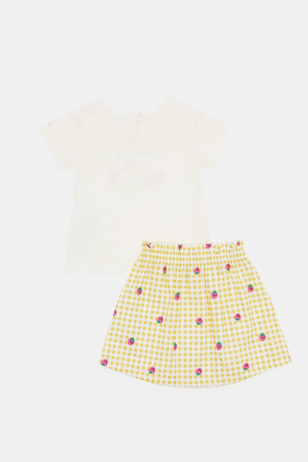 Infant Girls Yellow Print T Shirt With Checks Skirt (2 Piece)