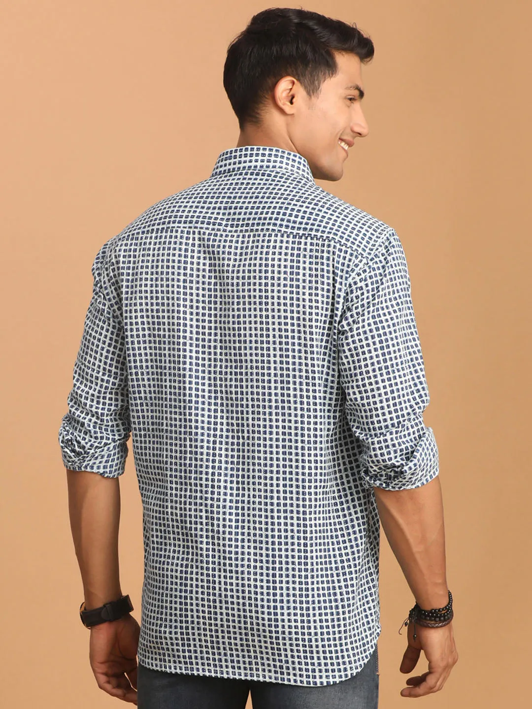 Jashvi Men's Blue And White Check Box Printed Short Sleeve Shirt