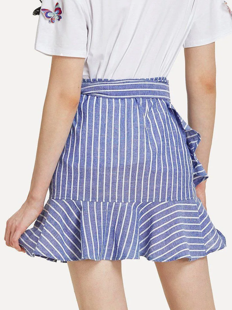 Knot Side Striped Ruffle Hem Skirt