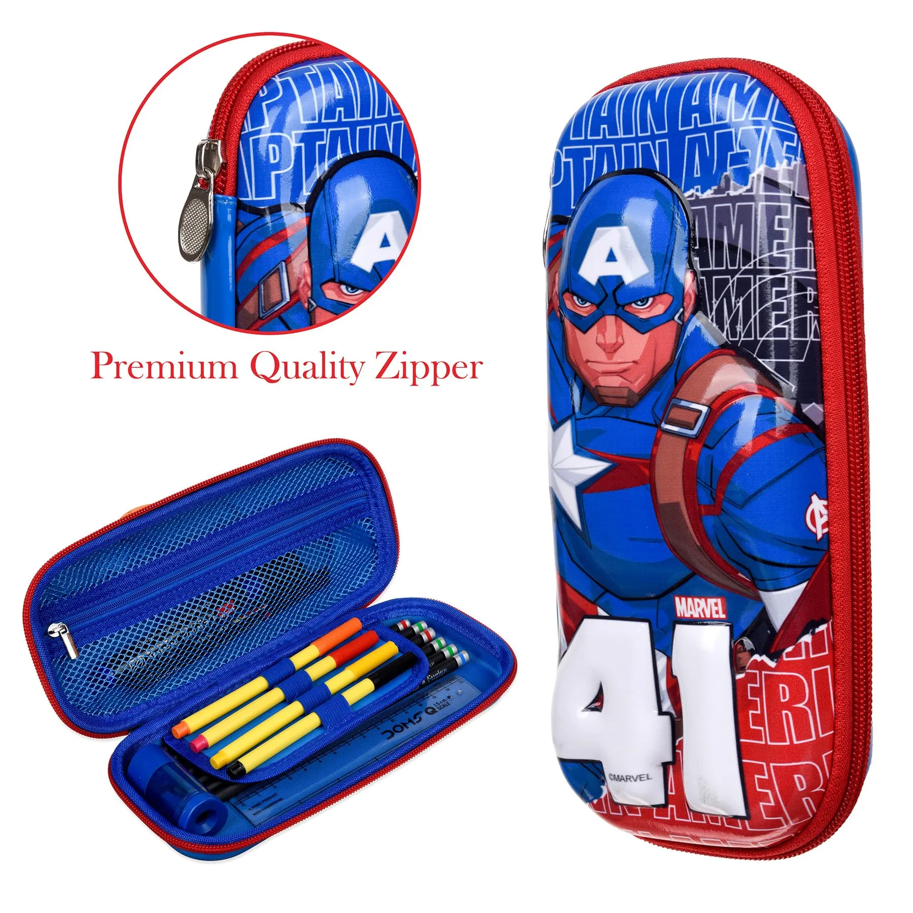 Kuber Industries Marvel Captain America Pencil Pouch | School Pencil Case for Kids | Pen-Pencil Box for Kids | Geometry Box | Compass Box | School Stationery Supplies | Blue