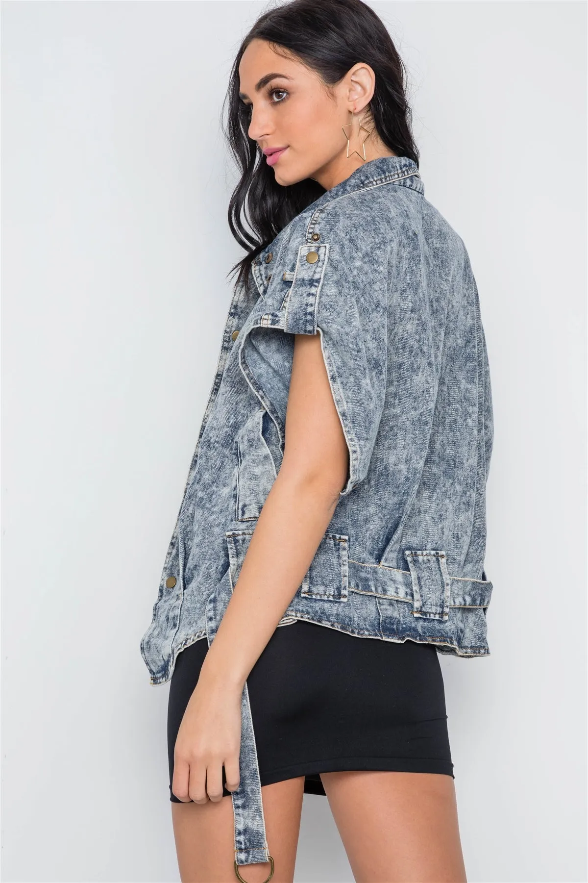 Light Blue Denim Batwing Snap Button Retro Jacket