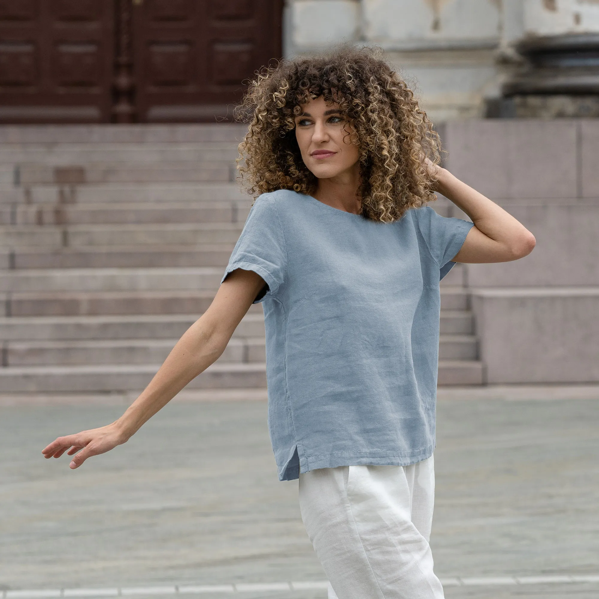 Linen T-Shirt Top Emma Cloudy Blue