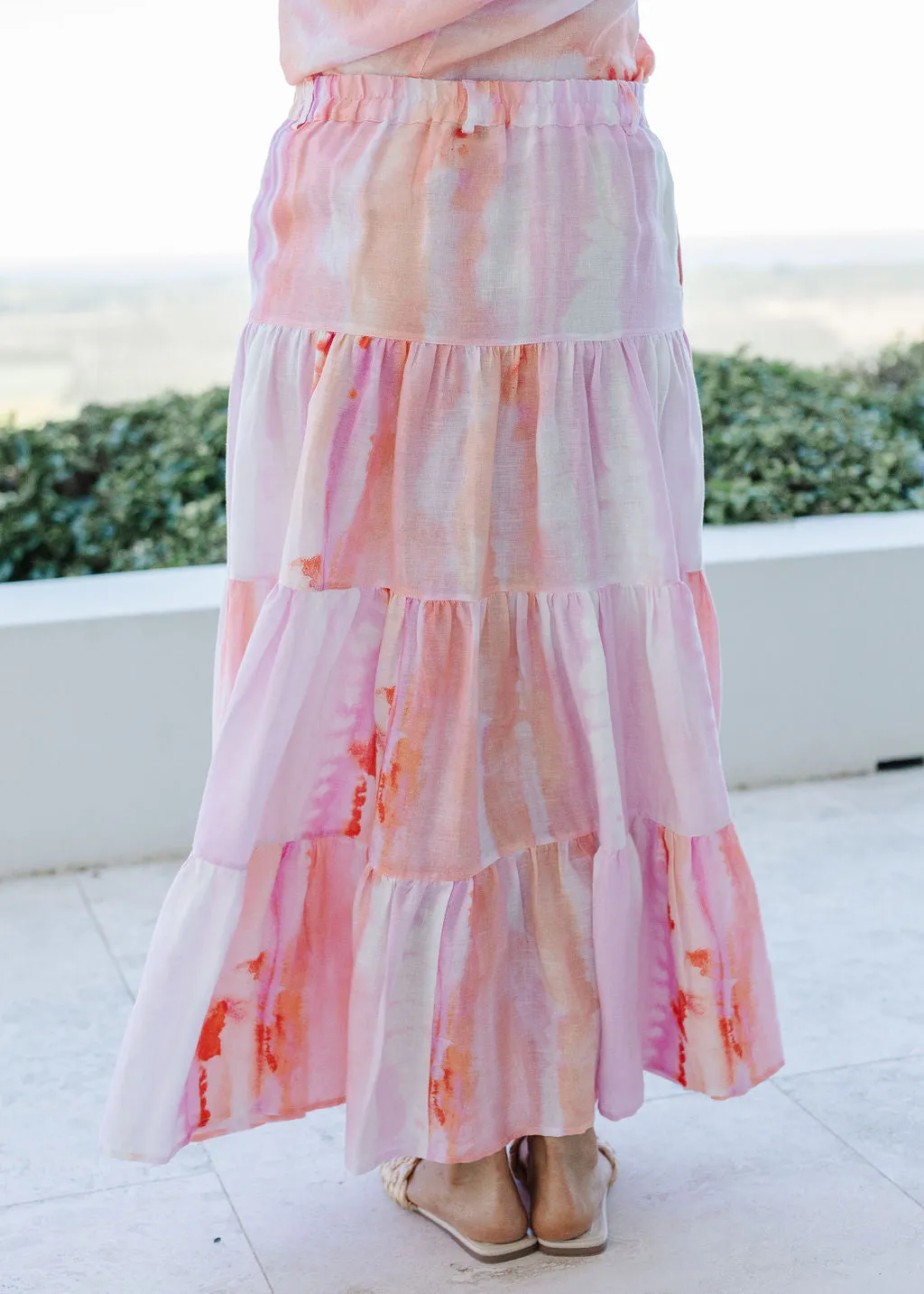 Linen Tiered Skirt Watercolour Pink