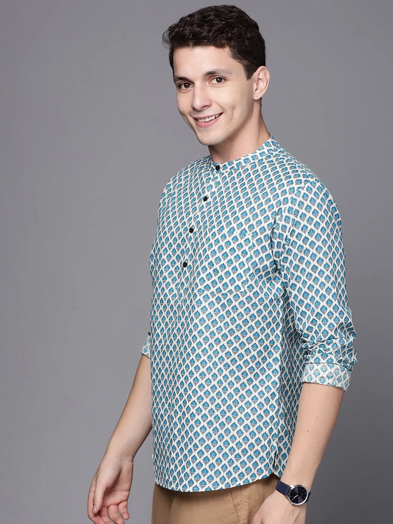 Men's Blue Floral Cotton Straight Kurtas - Indo Era