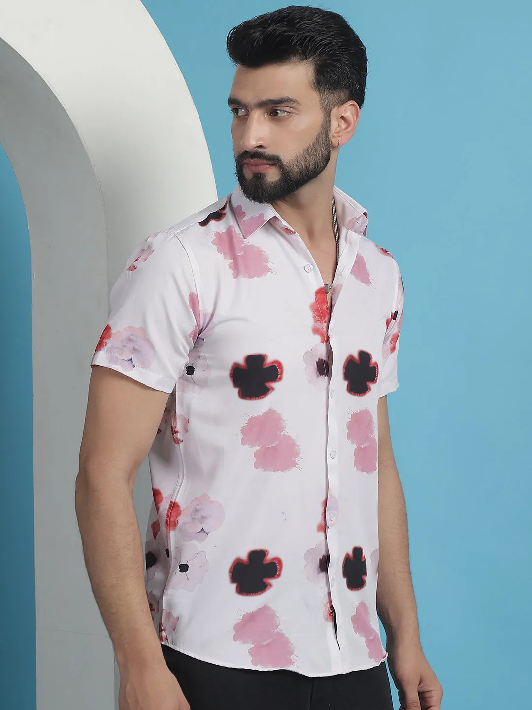 Men's Pink Floral Printed Cotton Casual Shirt - Taantav