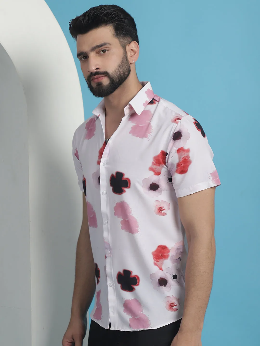 Men's Pink Floral Printed Cotton Casual Shirt - Taantav