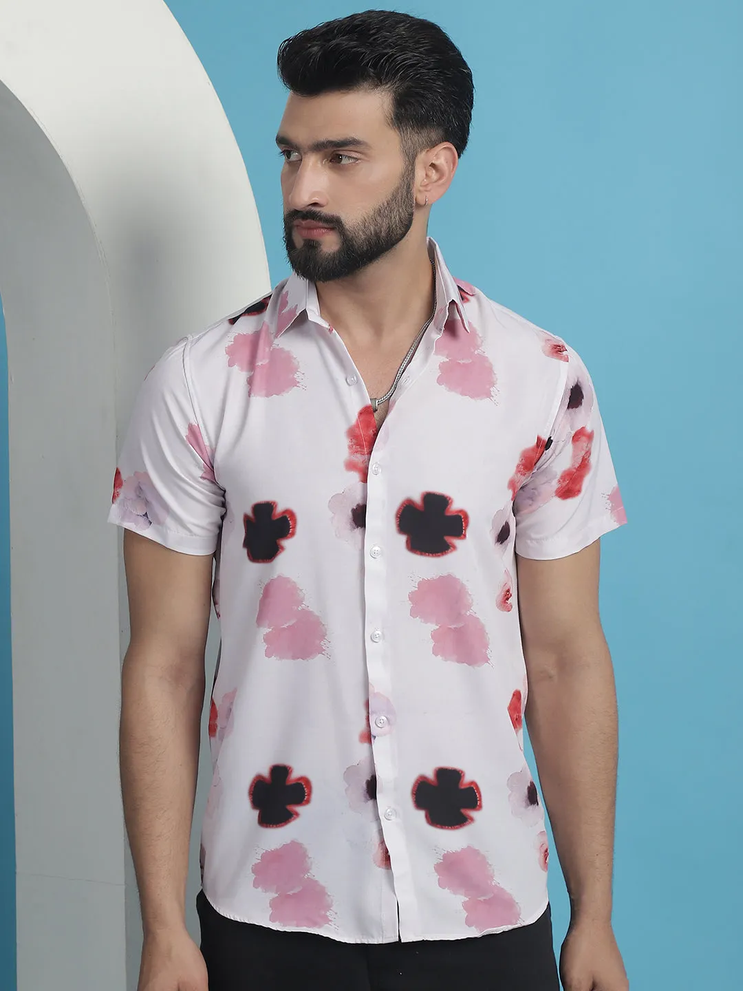 Men's Pink Floral Printed Cotton Casual Shirt - Taantav