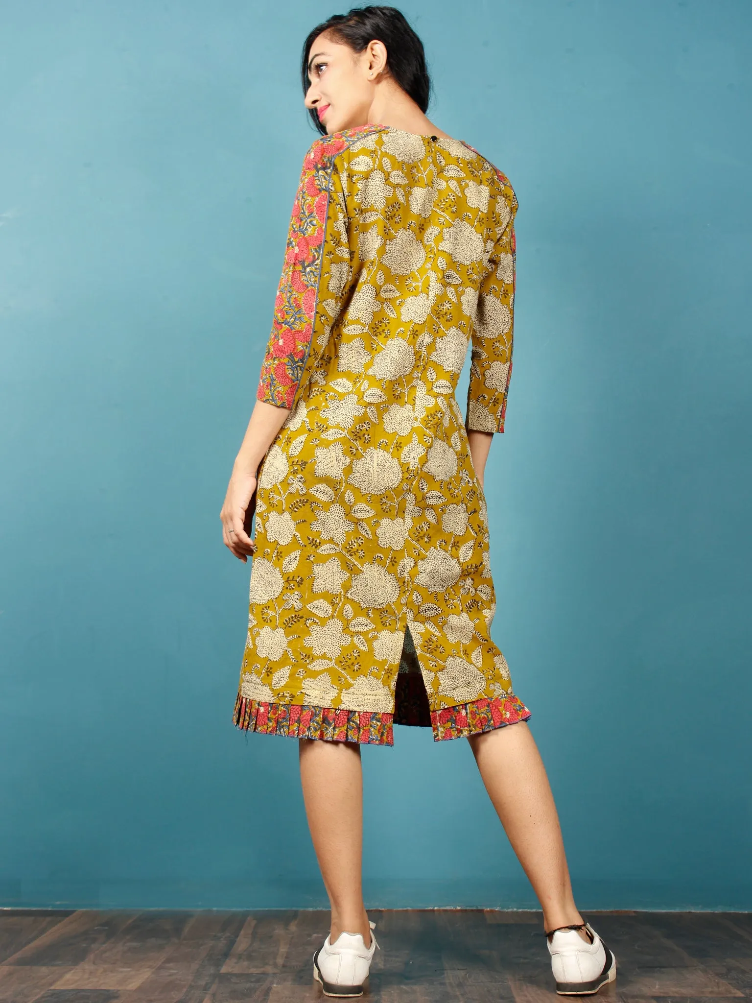 Mustard Black Coral Beige Hand Block Printed Cotton Tunic Dress - D237F1376