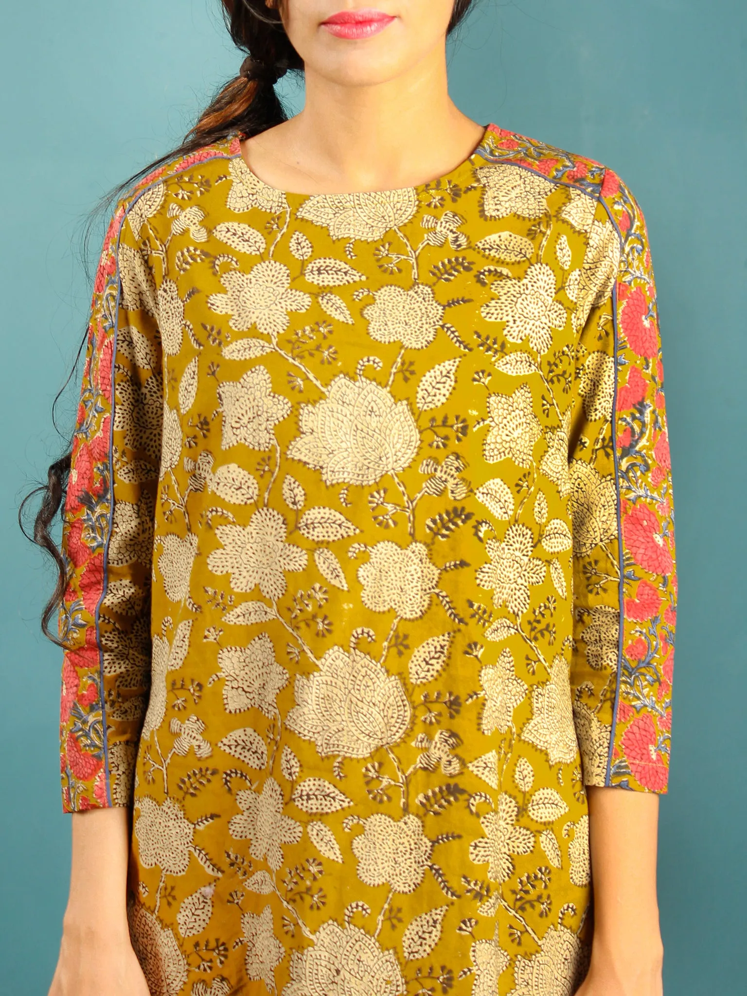 Mustard Black Coral Beige Hand Block Printed Cotton Tunic Dress - D237F1376