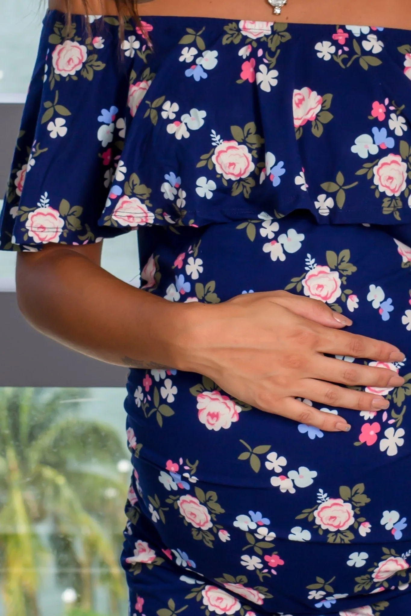 Navy Floral Printed Off Shoulder Short Dress