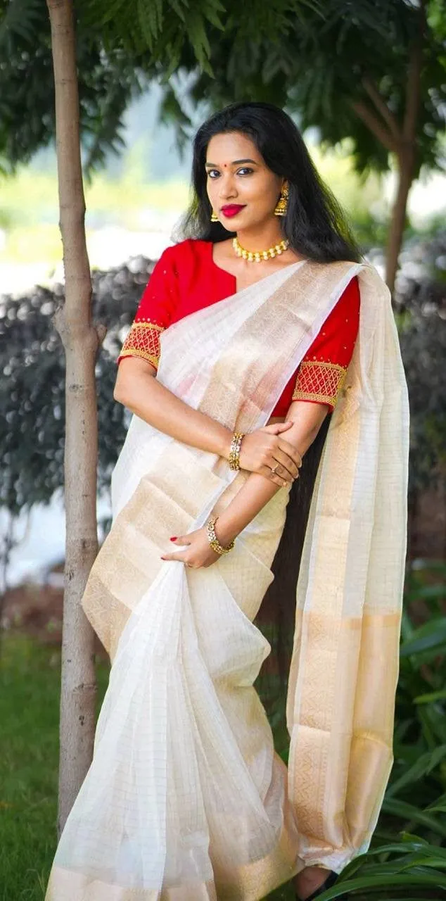 Off White Zari Weaving Work Organza Chex Saree