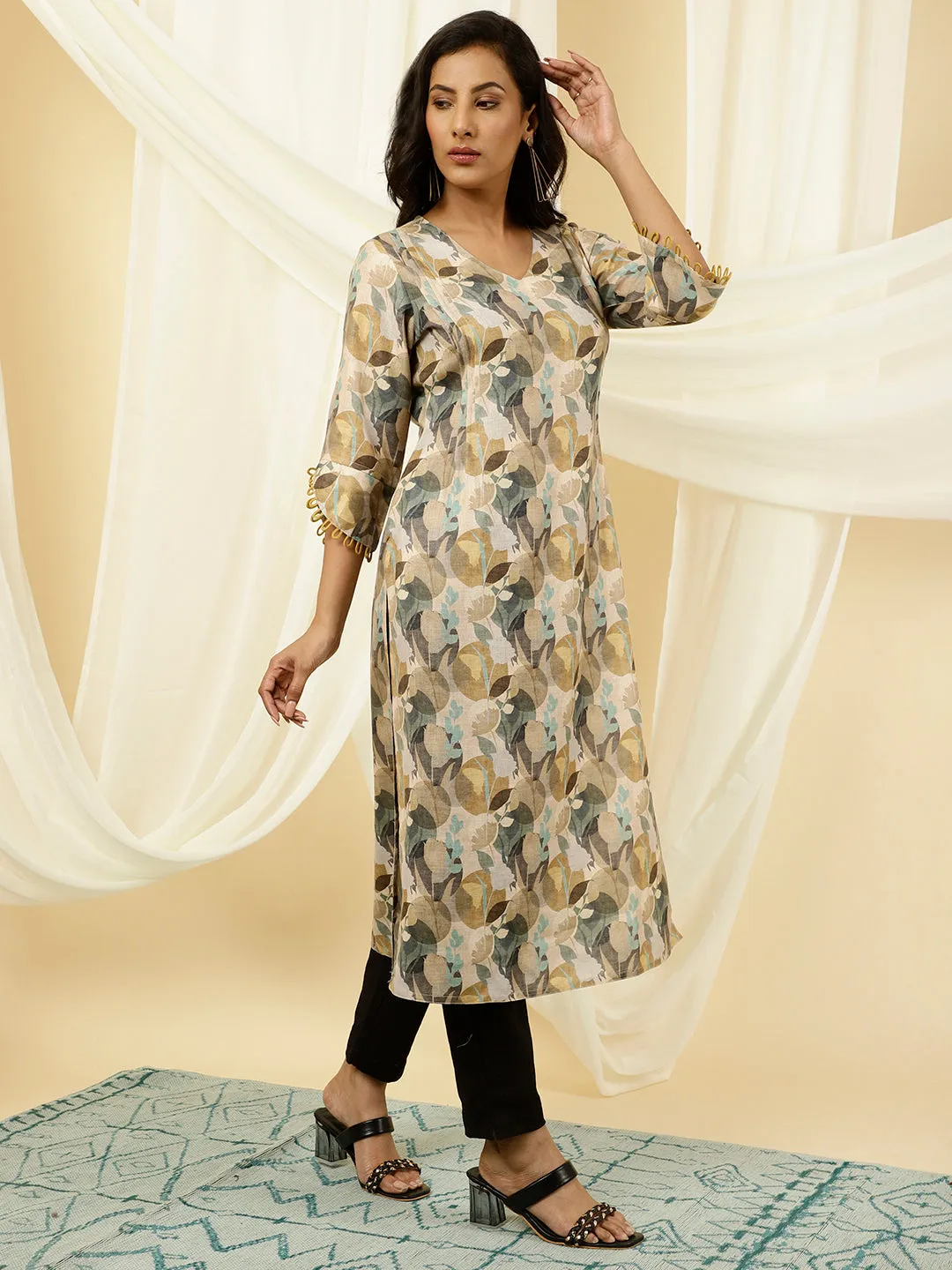 Olive Green Abstract Print Pleated Straight Kurta