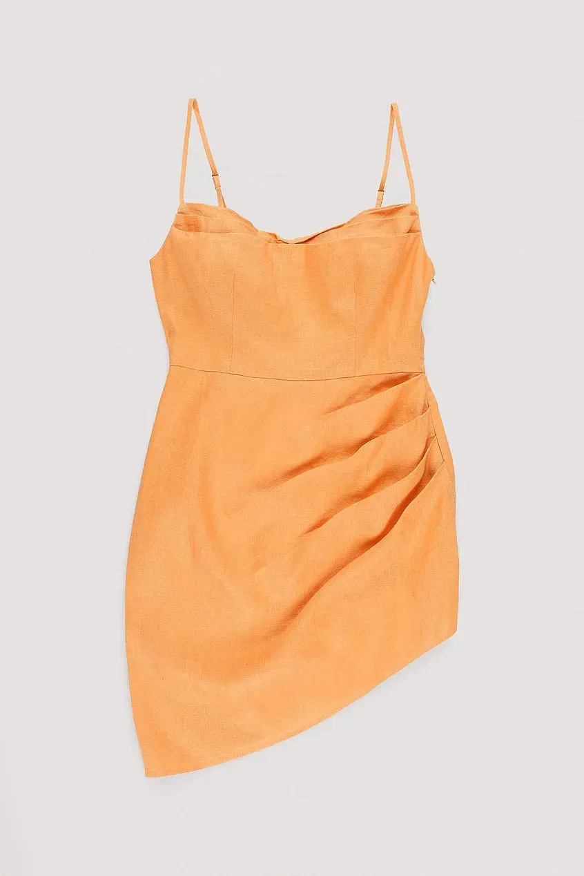 Overlap Waterfall Linen Dress Orange