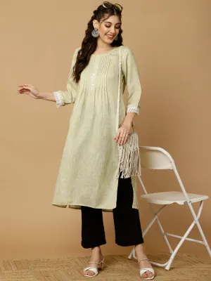 Printed Lime Green Pleated Straight Kurta