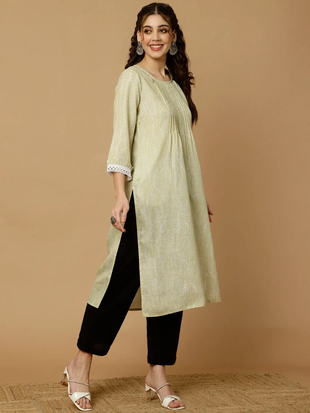 Printed Lime Green Pleated Straight Kurta