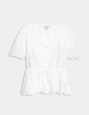 Pure Cotton Broderie V-Neck Tie Front Blouse