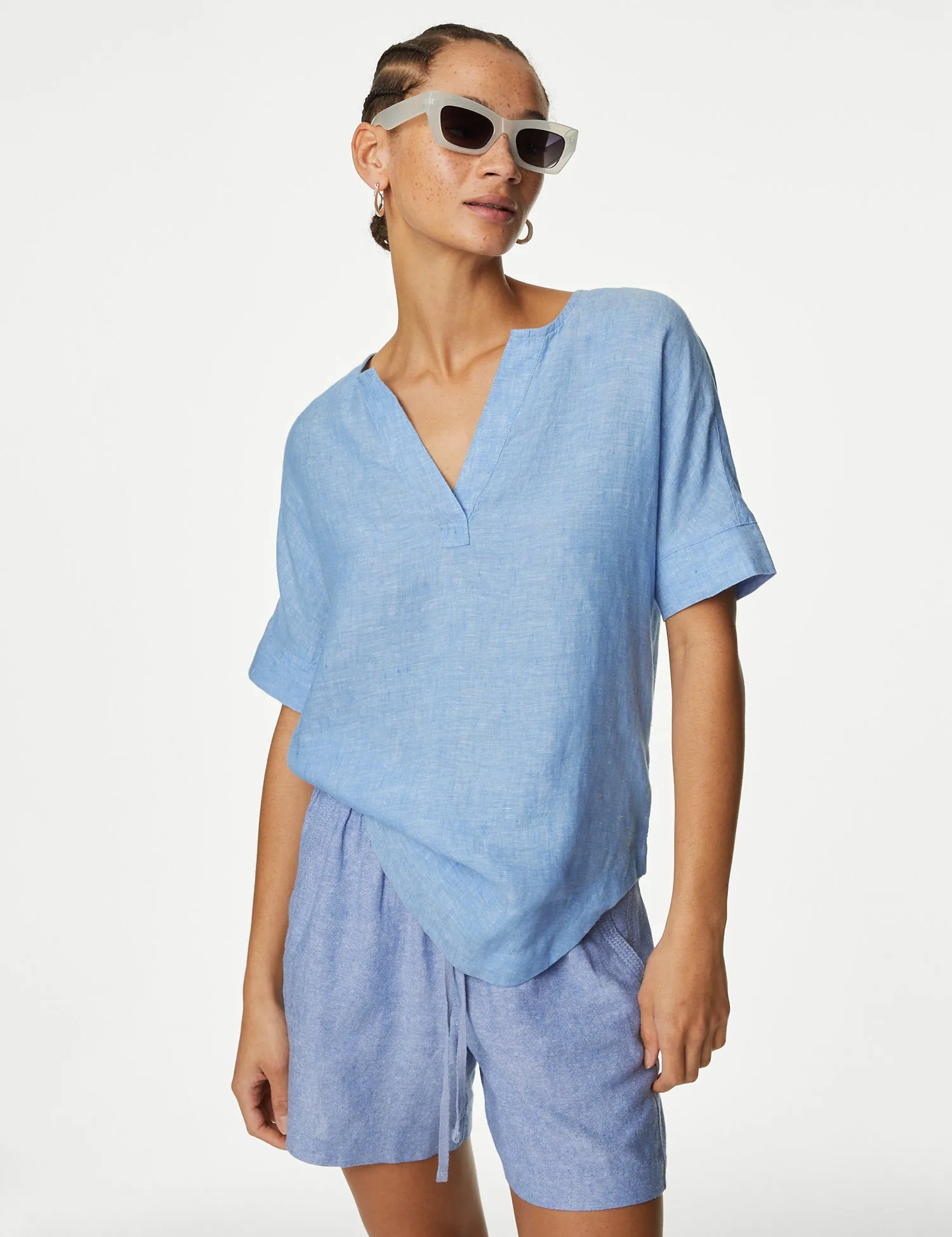 Pure Linen V-Neck Popover Blouse