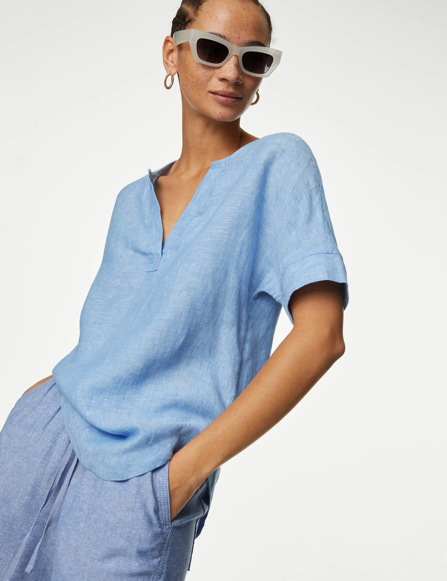 Pure Linen V-Neck Popover Blouse