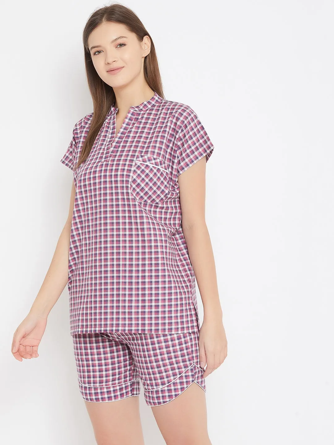 Purple Checks Shorts Nightwear Set