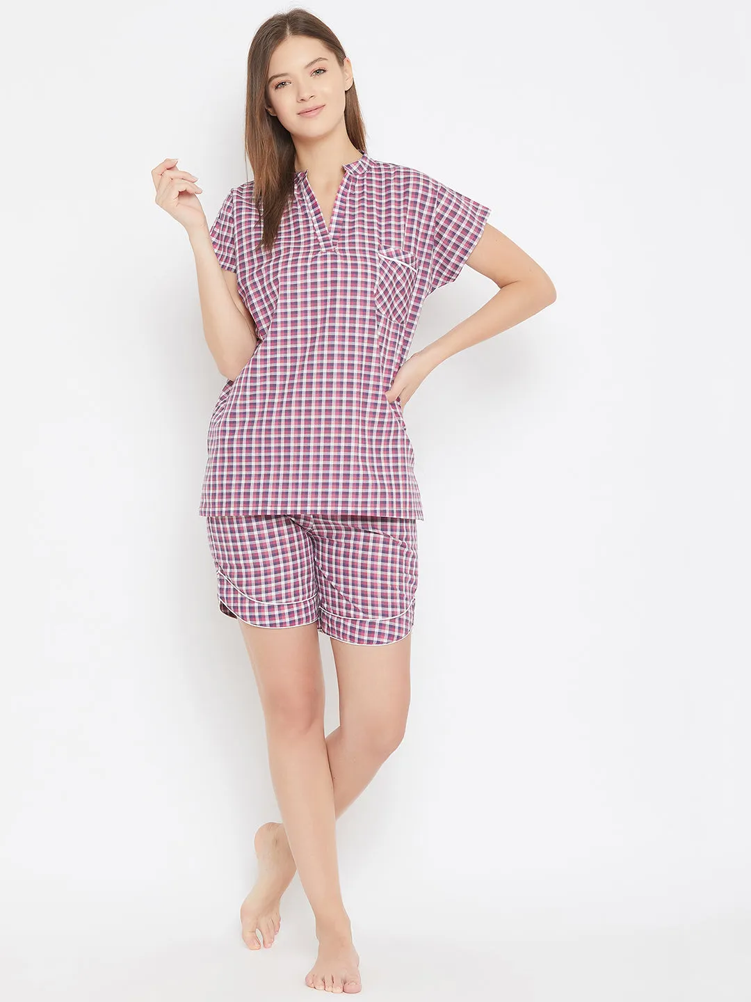 Purple Checks Shorts Nightwear Set