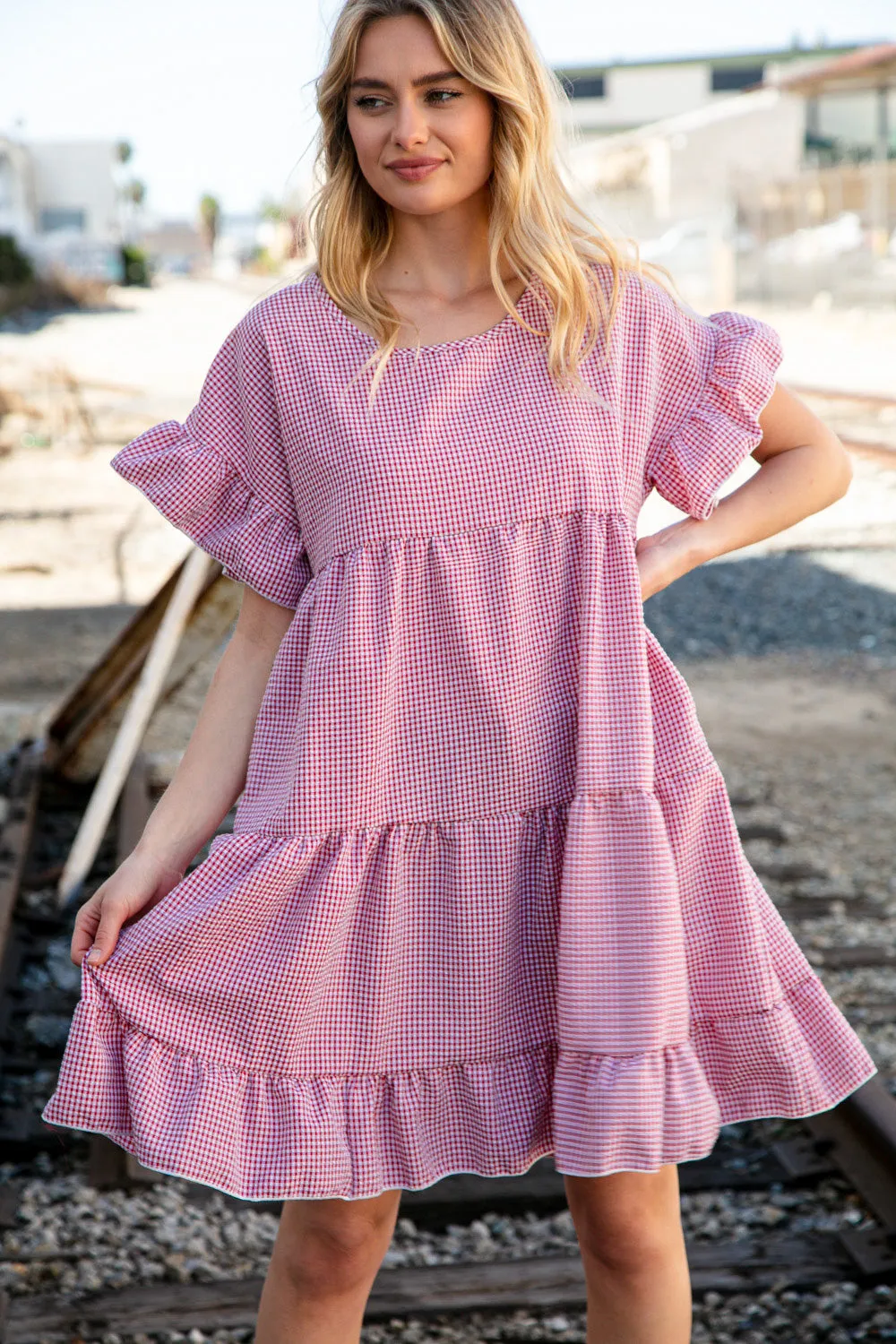 Red Gingham Ruffle Sleeve Tiered Dress