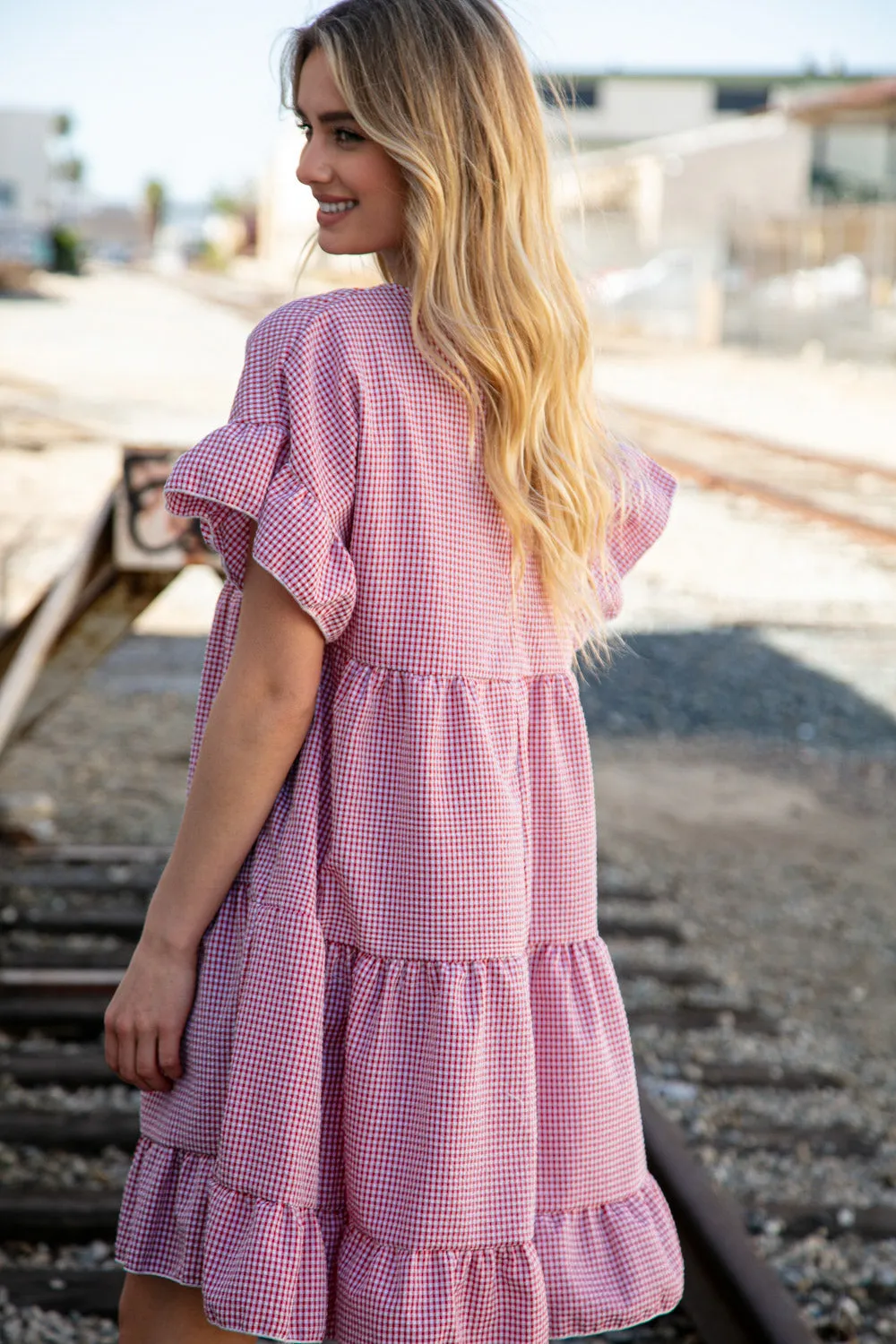 Red Gingham Ruffle Sleeve Tiered Dress