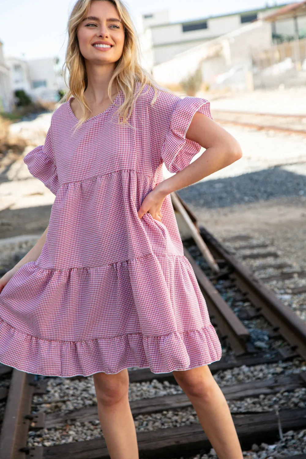 Red Gingham Ruffle Sleeve Tiered Dress