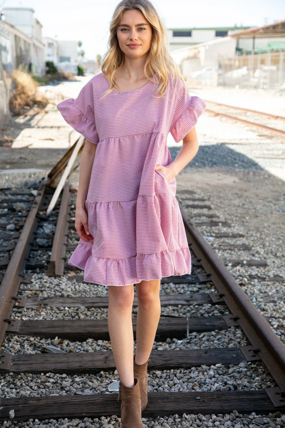 Red Gingham Ruffle Sleeve Tiered Dress