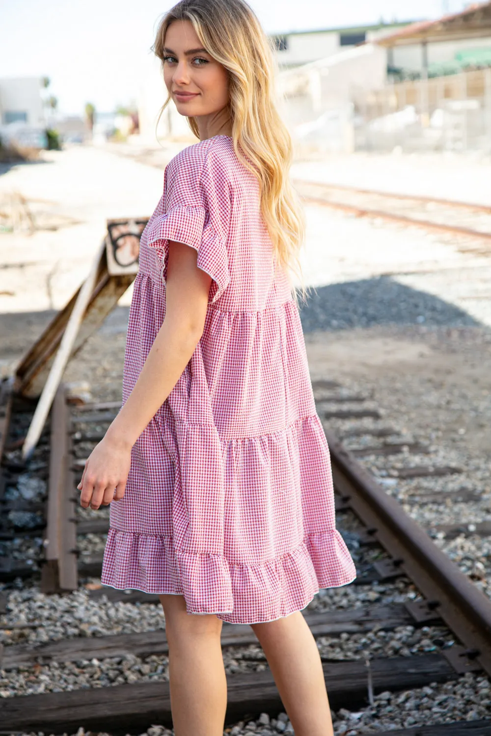 Red Gingham Ruffle Sleeve Tiered Dress