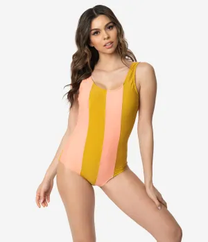 Retro Style Mustard Yellow & Peach Pink Stripe One Piece Swimsuit