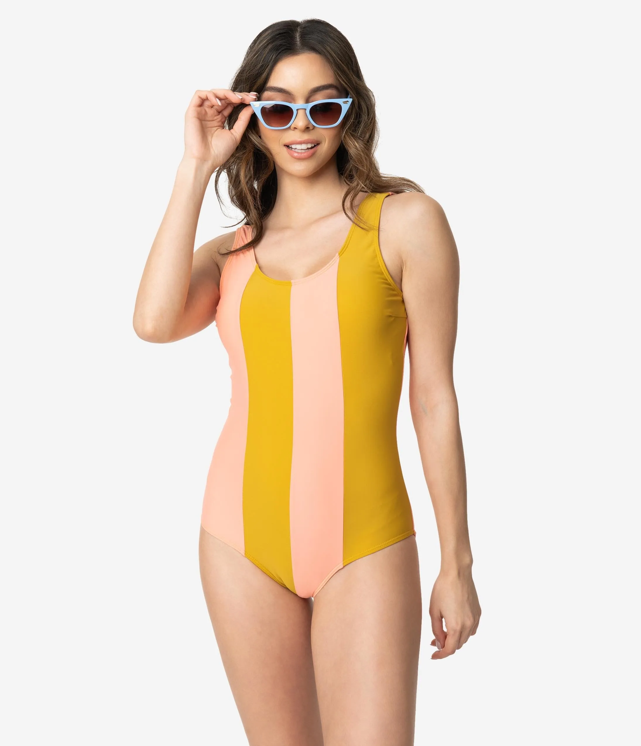 Retro Style Mustard Yellow & Peach Pink Stripe One Piece Swimsuit