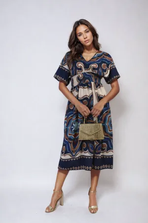 Ruched Printed V-Neck Short Sleeve Midi Dress