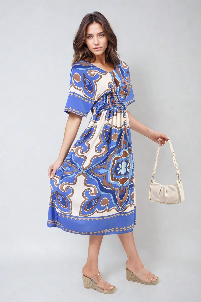 Ruched Printed V-Neck Short Sleeve Midi Dress