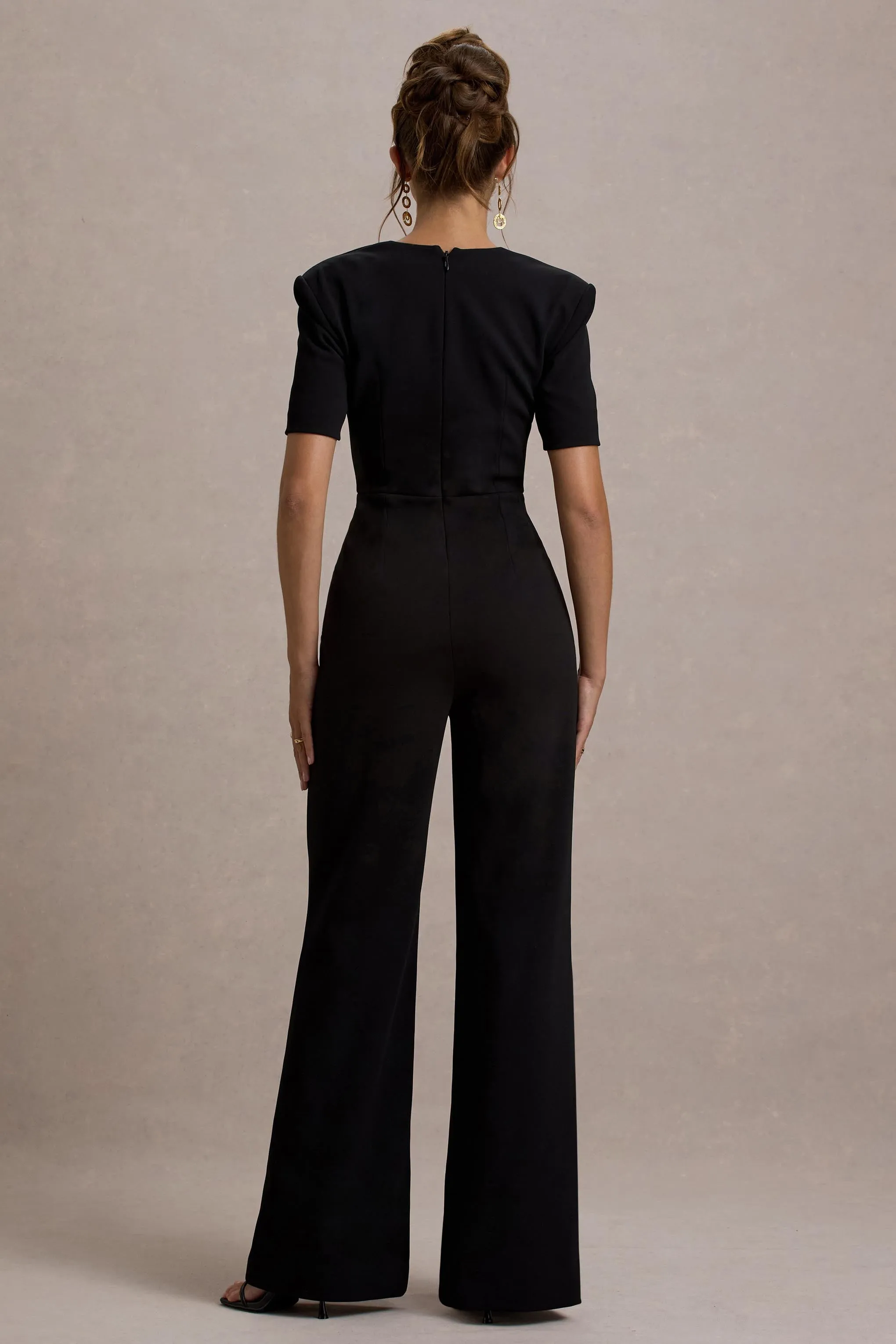 Simone | Black Sweetheart Short-Sleeve Wide-Leg Jumpsuit