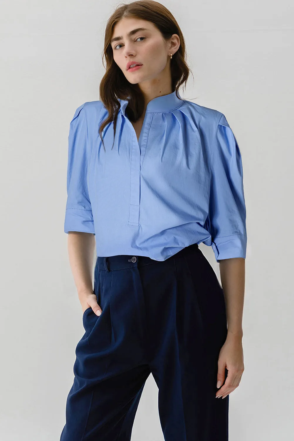 Sky Blue Solid Color Puff Short Sleeve Pleated Blouse