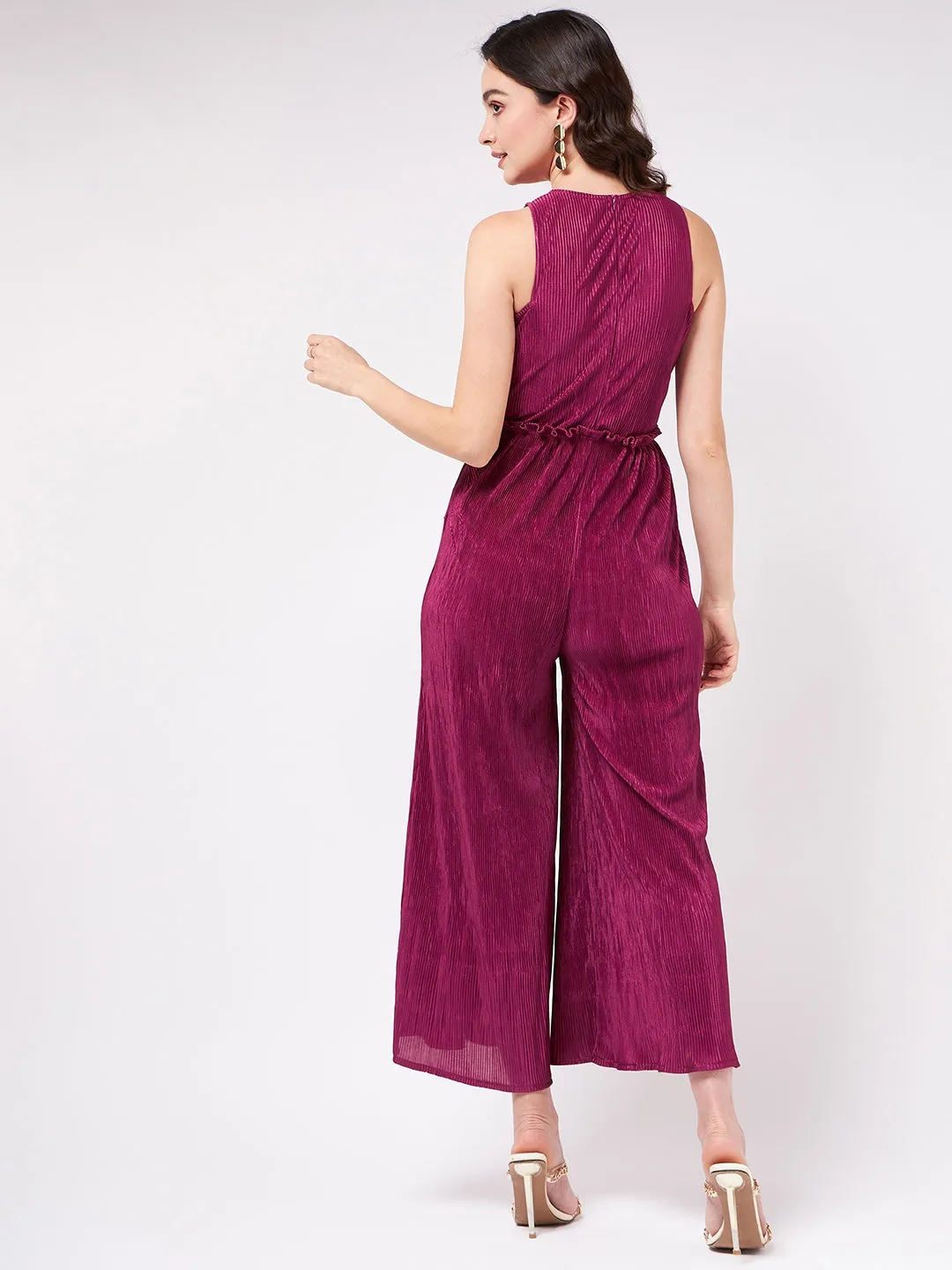 Solid Sleeveless Jumpsuit With Pleated Bottom