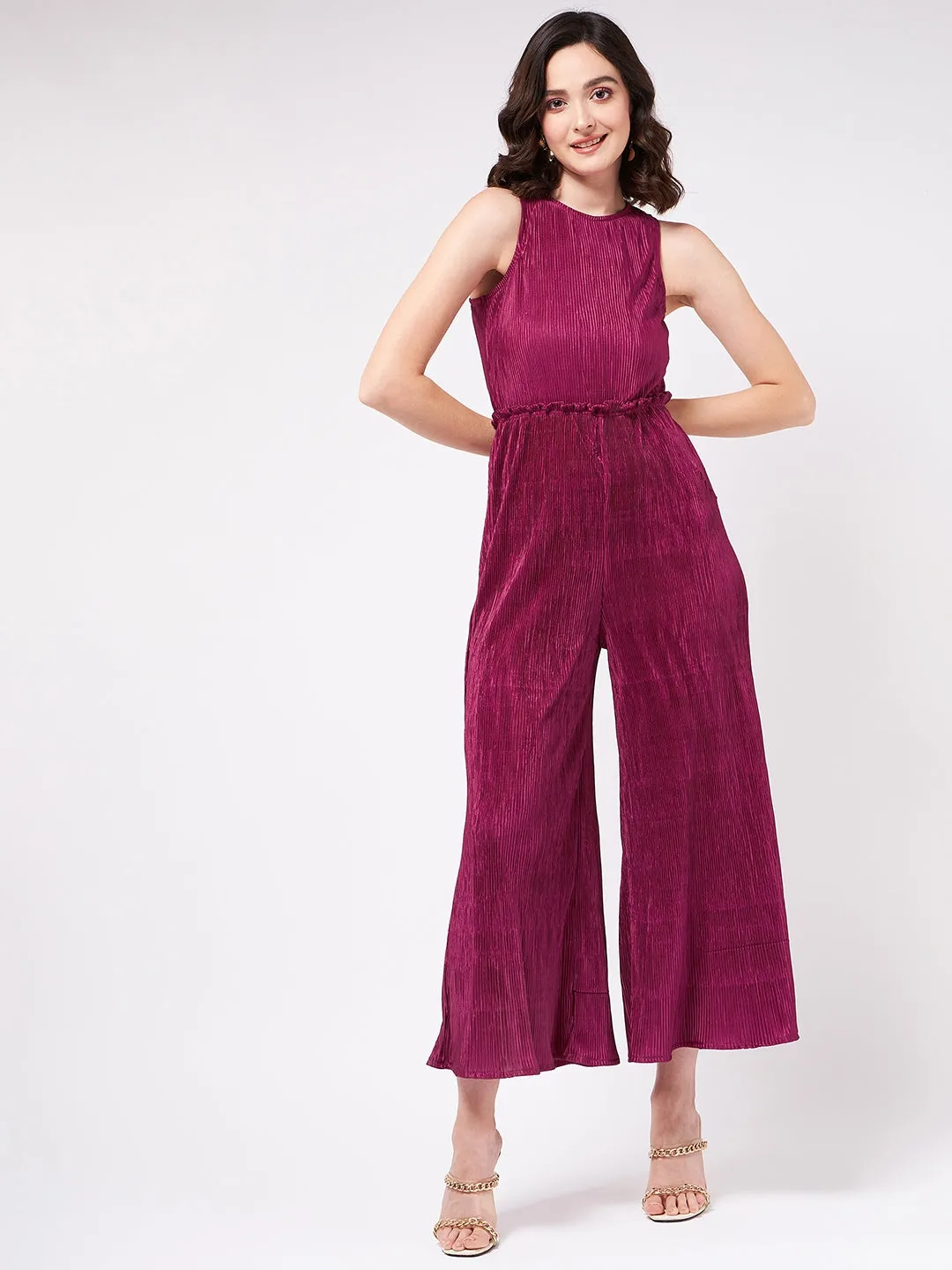 Solid Sleeveless Jumpsuit With Pleated Bottom