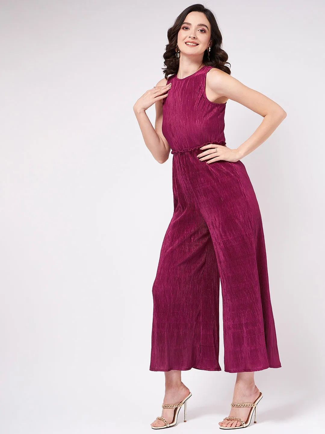 Solid Sleeveless Jumpsuit With Pleated Bottom