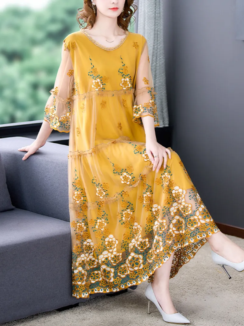 Summer Dresses for Women, Ladies Casual Flower Printing High Waist A-Line Summer Dresses for Women, Ladies Casual Printing High Waist A-Line Long Party Wear Dress With Plus Size Dress